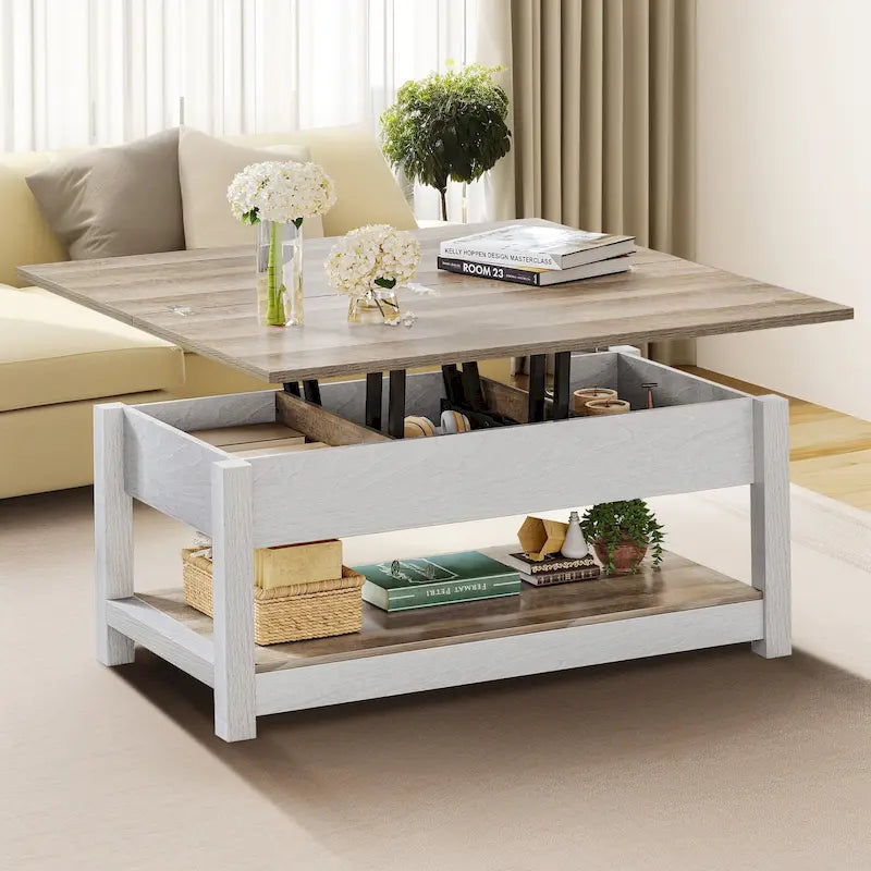Farmhouse Lift Top Coffee Table Expandable Tabletop with Hidden Storage and Shelf for Living Room