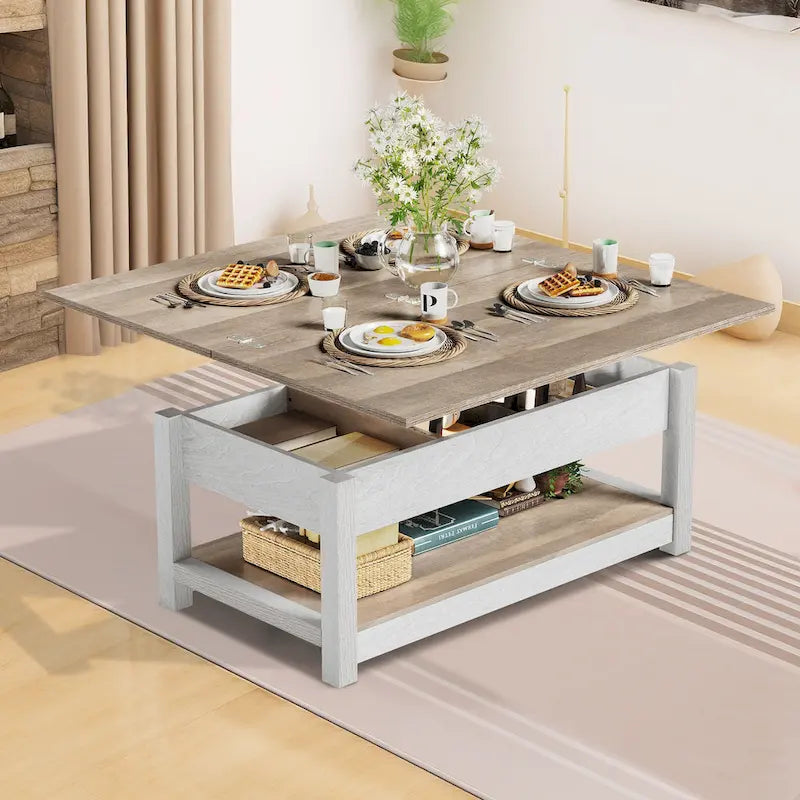 Farmhouse Lift Top Coffee Table Expandable Tabletop with Hidden Storage and Shelf for Living Room