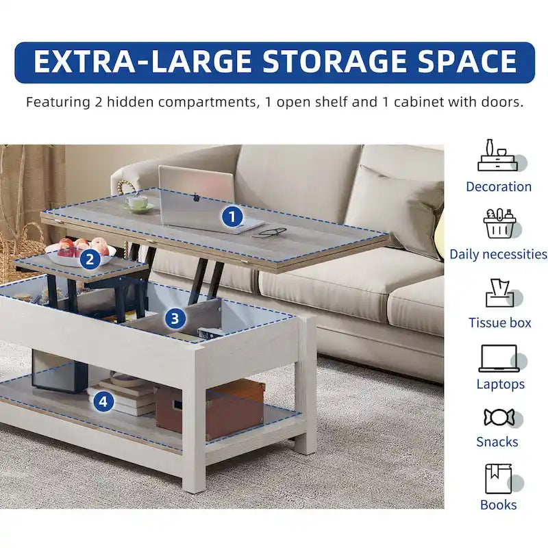 Farmhouse Lift Top Coffee Table Expandable Tabletop with Hidden Storage and Shelf for Living Room