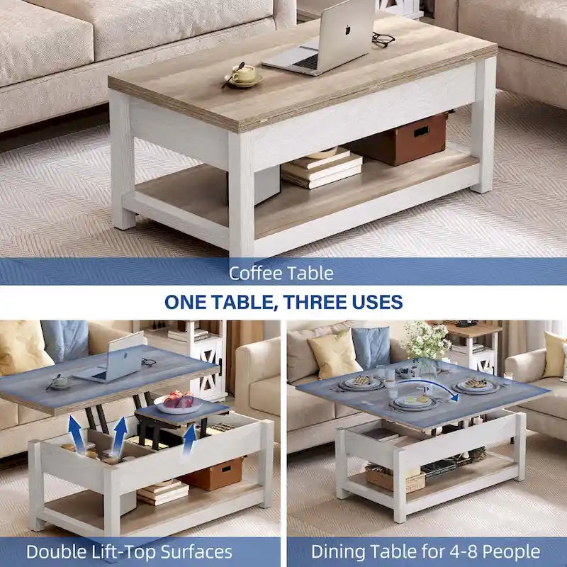 Farmhouse Lift Top Coffee Table Expandable Tabletop with Hidden Storage and Shelf for Living Room