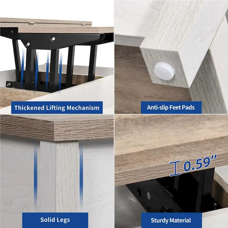 Farmhouse Lift Top Coffee Table Expandable Tabletop with Hidden Storage and Shelf for Living Room