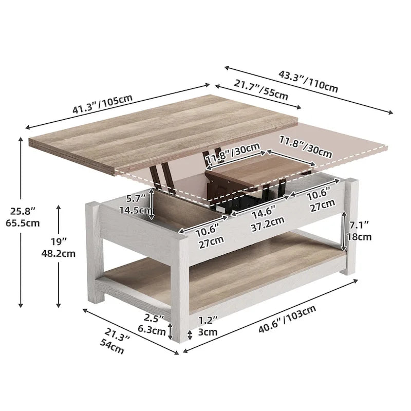 Farmhouse Lift Top Coffee Table Expandable Tabletop with Hidden Storage and Shelf for Living Room