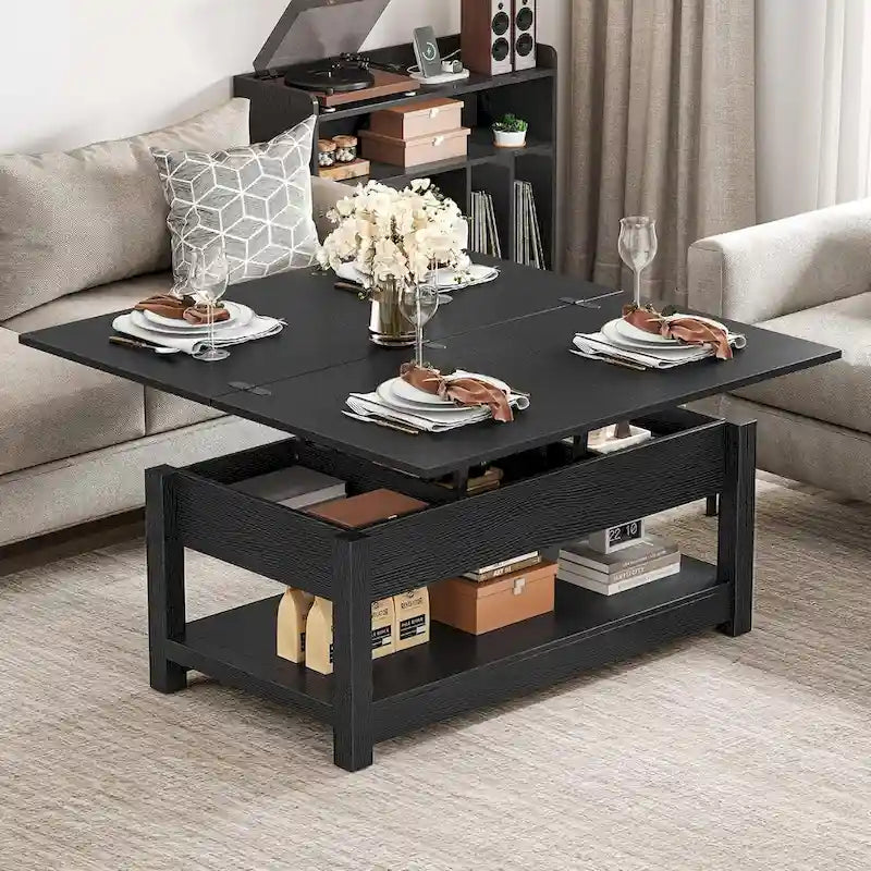Farmhouse Lift Top Coffee Table Expandable Tabletop with Hidden Storage and Shelf for Living Room