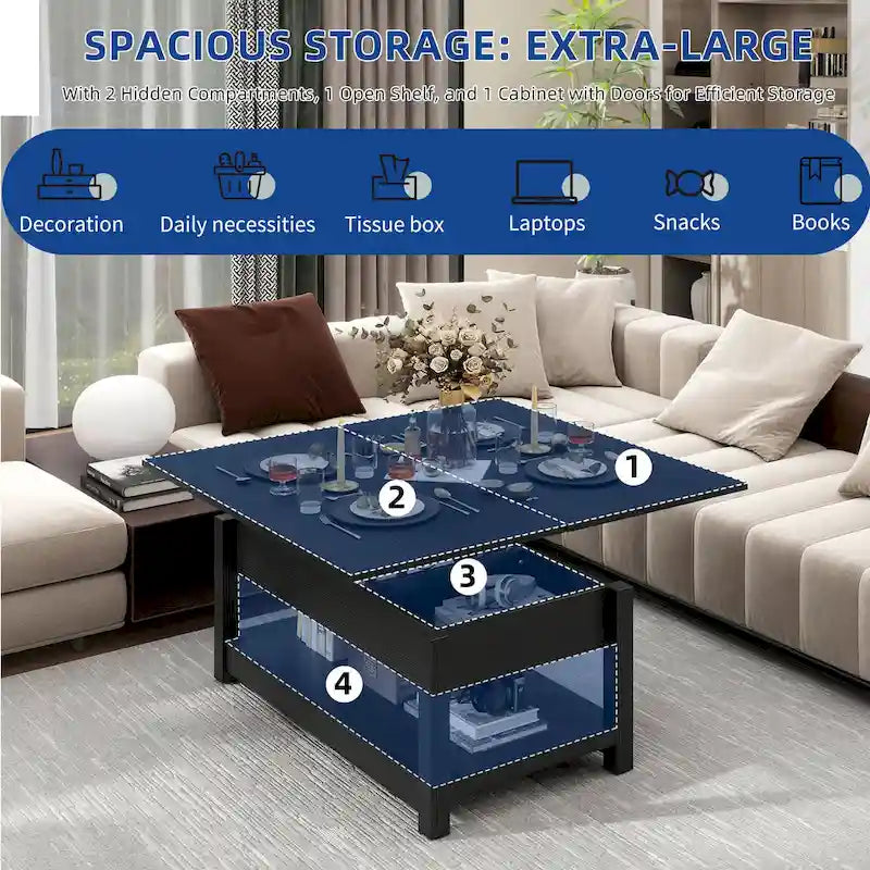 Farmhouse Lift Top Coffee Table Expandable Tabletop with Hidden Storage and Shelf for Living Room