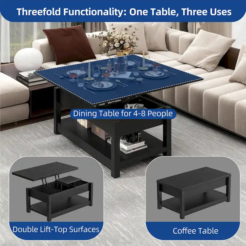 Farmhouse Lift Top Coffee Table Expandable Tabletop with Hidden Storage and Shelf for Living Room