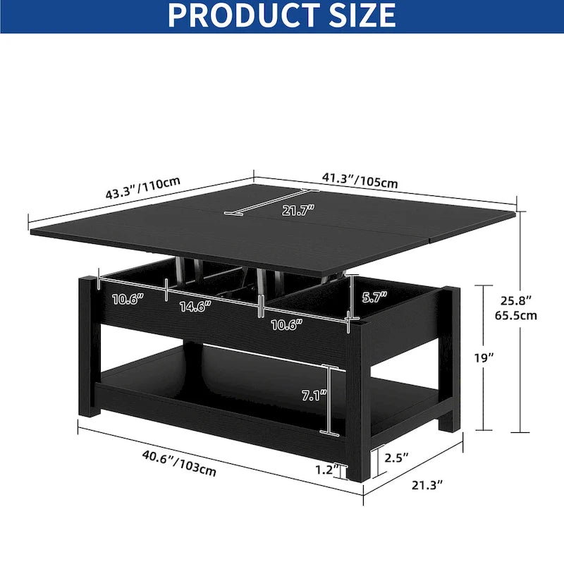 Farmhouse Lift Top Coffee Table Expandable Tabletop with Hidden Storage and Shelf for Living Room