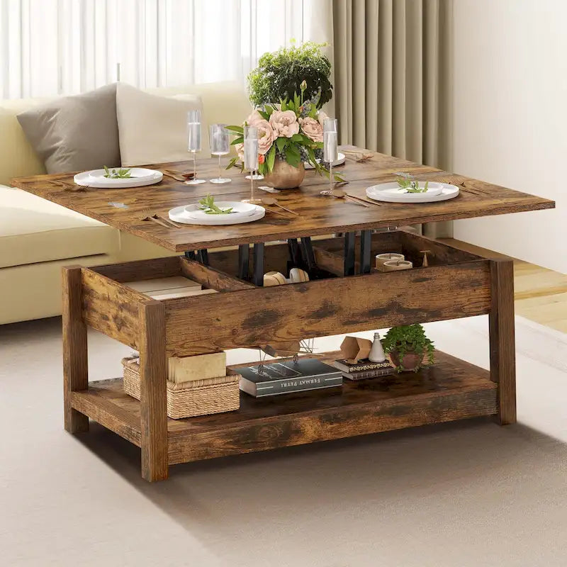 Farmhouse Lift Top Coffee Table Expandable Tabletop with Hidden Storage and Shelf for Living Room