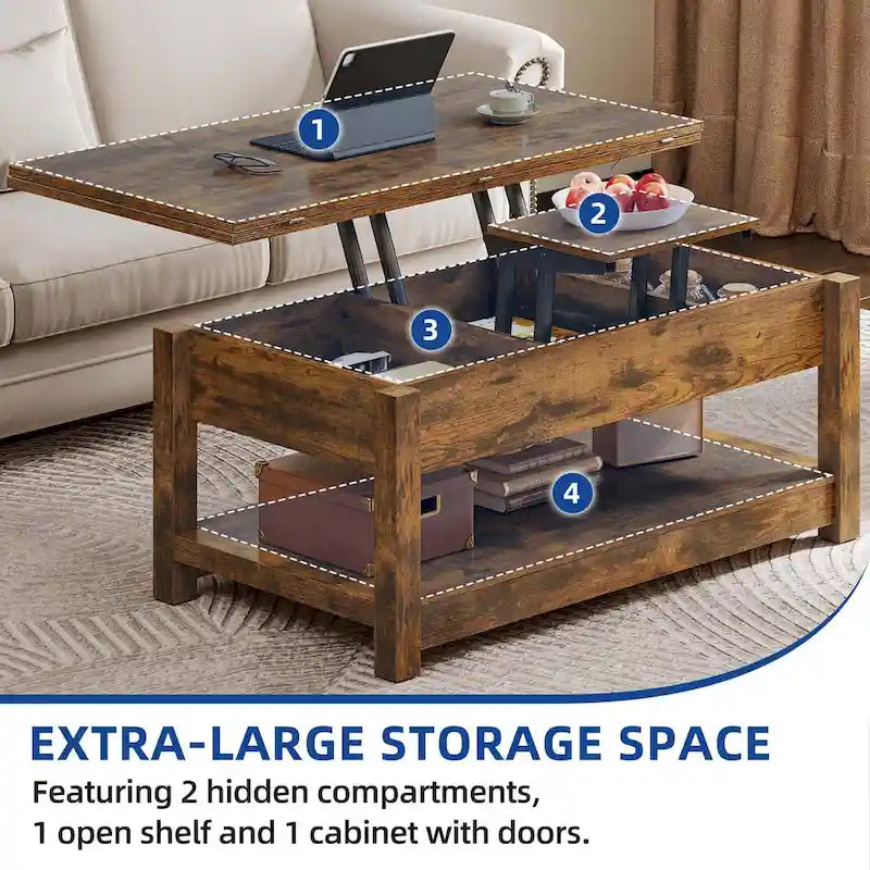 Farmhouse Lift Top Coffee Table Expandable Tabletop with Hidden Storage and Shelf for Living Room