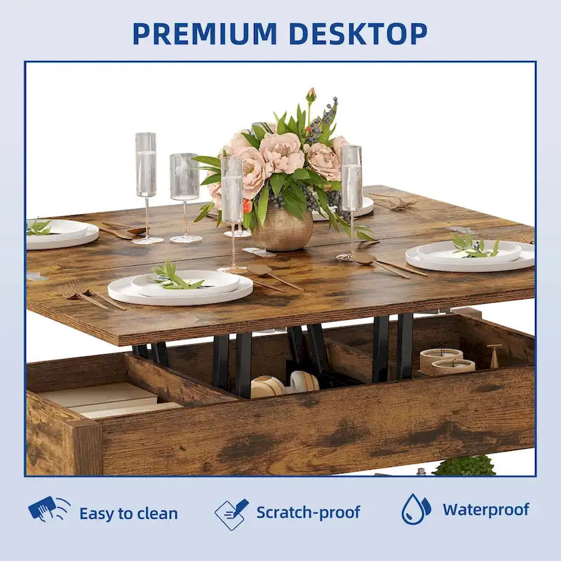 Farmhouse Lift Top Coffee Table Expandable Tabletop with Hidden Storage and Shelf for Living Room
