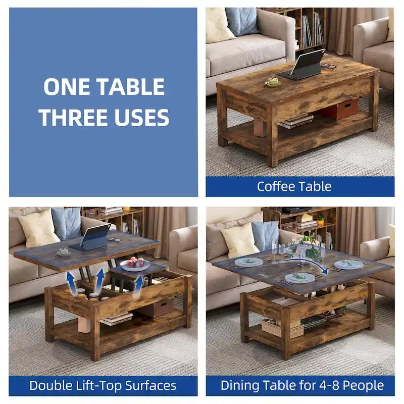 Farmhouse Lift Top Coffee Table Expandable Tabletop with Hidden Storage and Shelf for Living Room