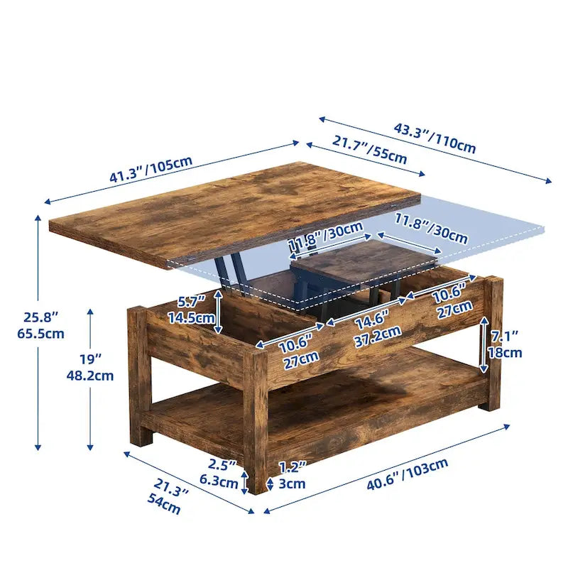 Farmhouse Lift Top Coffee Table Expandable Tabletop with Hidden Storage and Shelf for Living Room