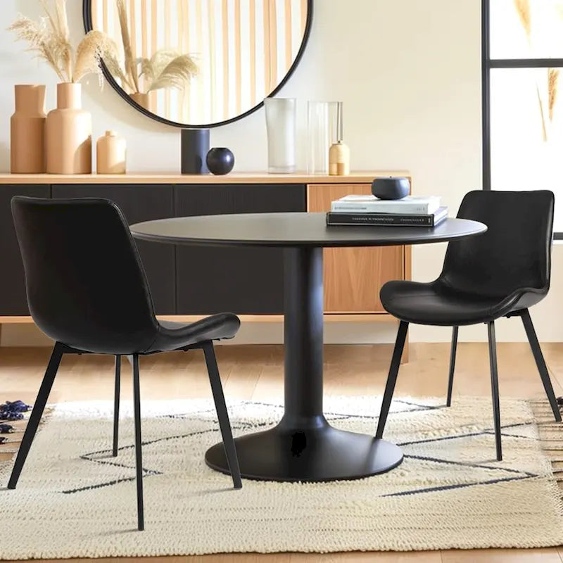 Chaises de salle à manger du milieu du siècle avec assise rembourrée en similicuir souple et pieds en métal, lot de 2, noir
