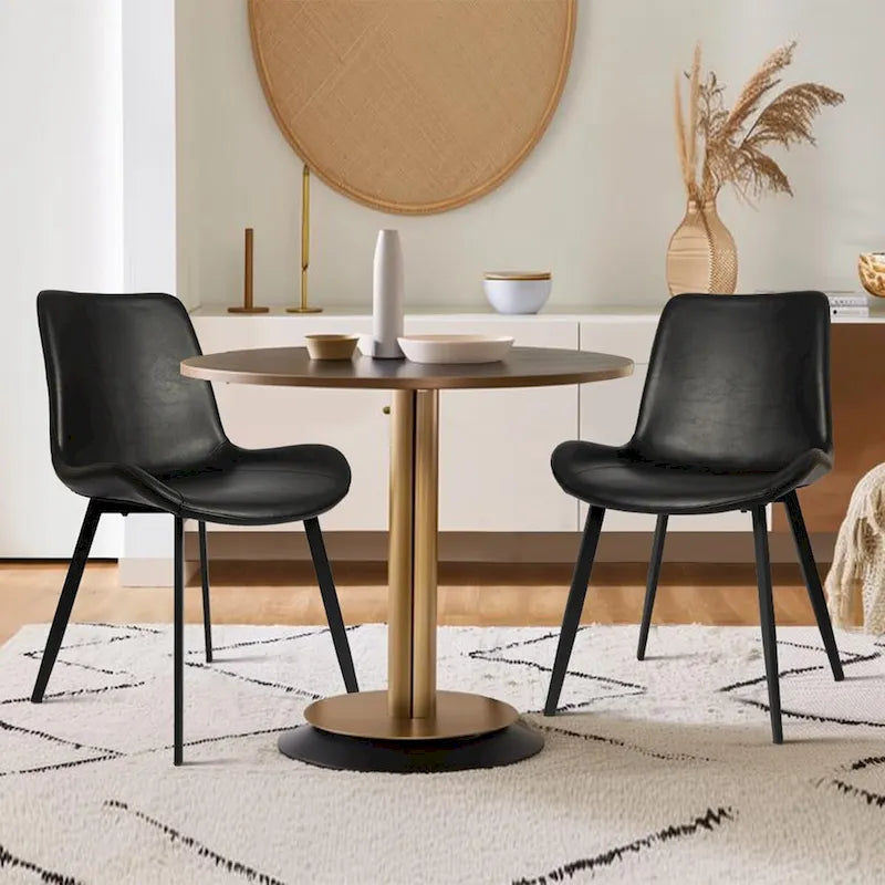 Chaises de salle à manger du milieu du siècle avec assise rembourrée en similicuir souple et pieds en métal, lot de 2, noir