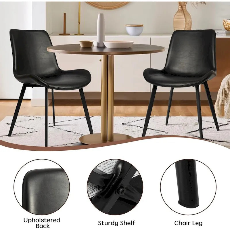 Chaises de salle à manger du milieu du siècle avec assise rembourrée en similicuir souple et pieds en métal, lot de 2, noir