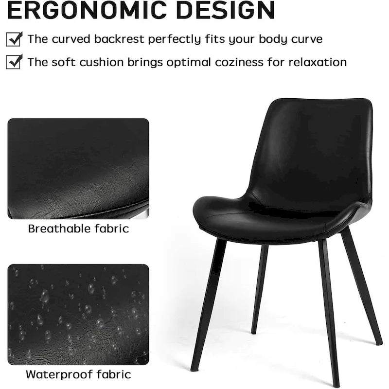 Chaises de salle à manger du milieu du siècle avec assise rembourrée en similicuir souple et pieds en métal, lot de 2, noir