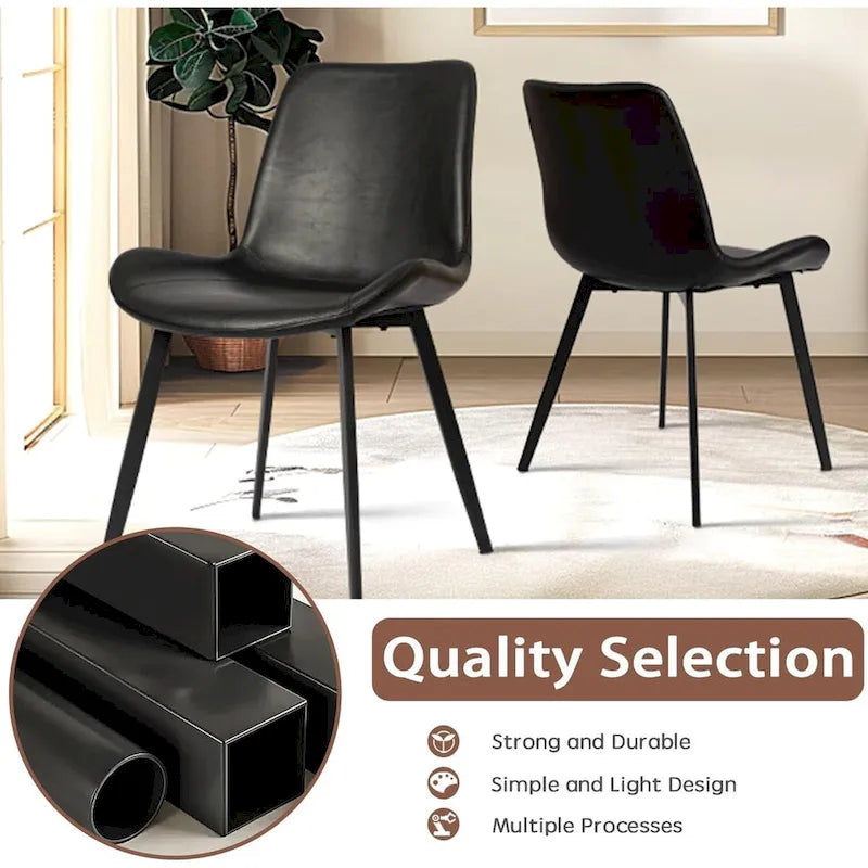 Chaises de salle à manger du milieu du siècle avec assise rembourrée en similicuir souple et pieds en métal, lot de 2, noir